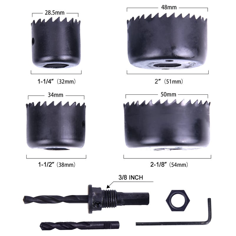 SUNGATOR Hole Saw Set, 7-Piece Hole Saw Kit. 1-1/4"", 1-1/2"", 2"", and 2-1/8"" Hole Saw Drill Bit for Wood, Plastic, PVC and Drywall with Arbor, Allen Key and Extra Bit, Carbon Steel - Image 2